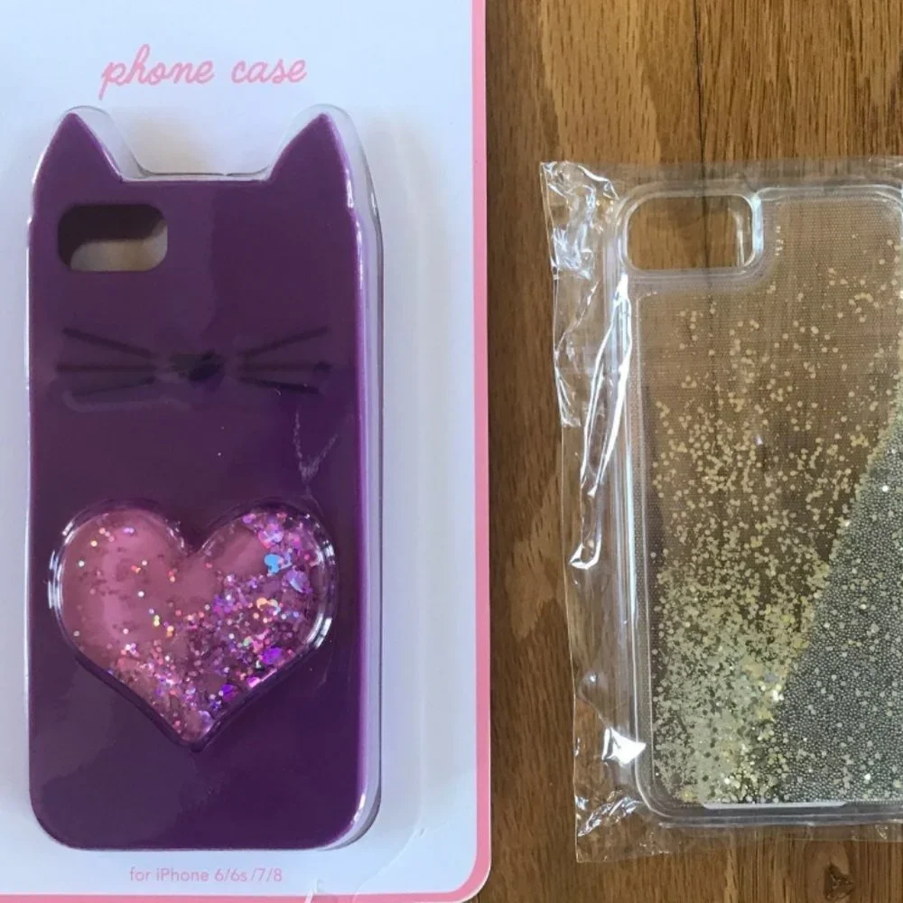 2 NEW iPhone 6 7 8 Cases Purple Cat Heart Glitter
